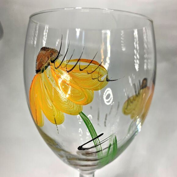 Hand Painted Sunflower Wine Glasses Artist Signed Goblets Cottage Core Floral - Picture 5 of 7